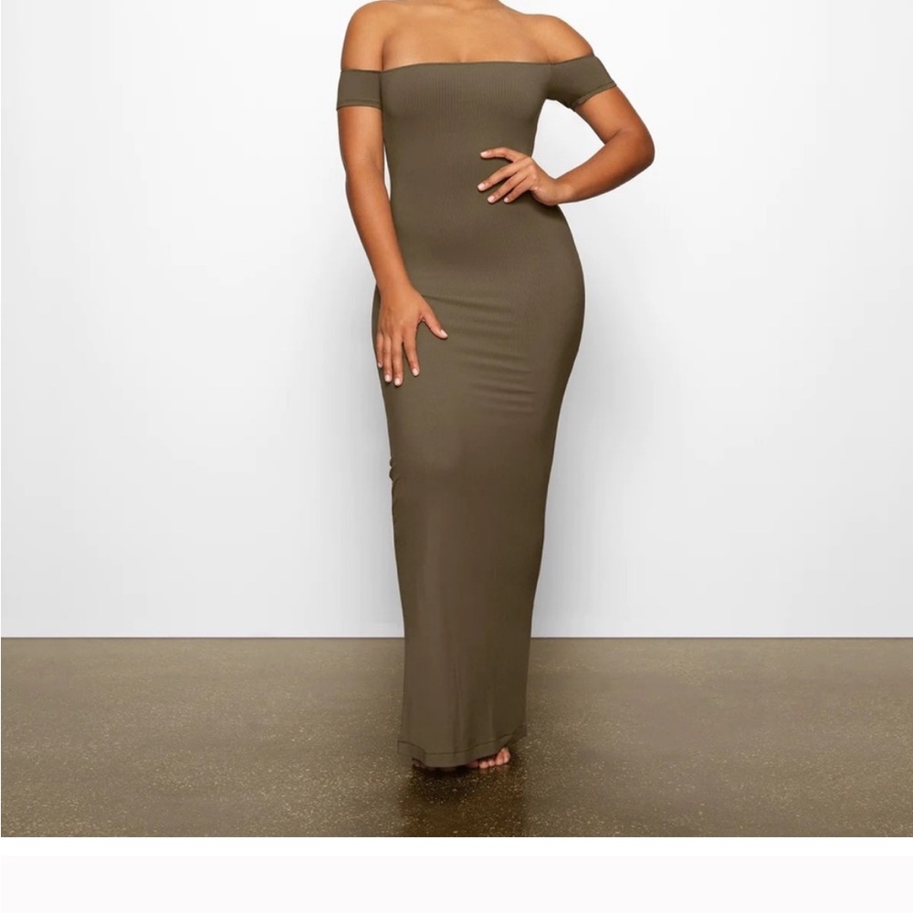 Skims off the shoulder army dress